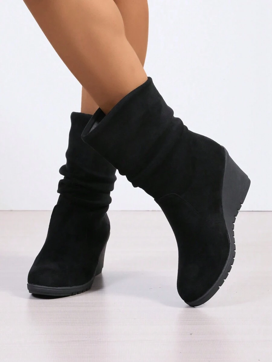 Keilabsatz Stiefel bis zur Mitte des Wades für Damen, Weite Stiefel mit Rundkopf und Schlüpfen für Mitte des Wades, Kleidung Stiefel