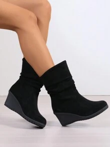 Keilabsatz Stiefel bis zur Mitte des Wades für Damen, Weite Stiefel mit Rundkopf und Schlüpfen für Mitte des Wades, Kleidung Stiefel