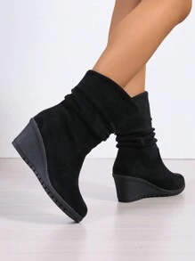 Keilabsatz Stiefel bis zur Mitte des Wades für Damen, Weite Stiefel mit Rundkopf und Schlüpfen für Mitte des Wades, Kleidung Stiefel