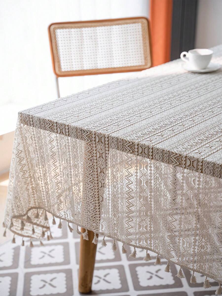 1 pieza Mantel rectangular de Bubaba con patrón ondulado hueco en beige, decoración bohemia con borlas de encaje, mantel a prueba de polvo para comedor, cocina, dormitorio, sala de estar, fiestas al aire libre, apto para todas las estaciones