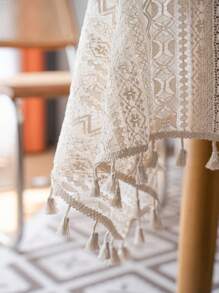1 pieza Mantel rectangular de Bubaba con patrón ondulado hueco en beige, decoración bohemia con borlas de encaje, mantel a prueba de polvo para comedor, cocina, dormitorio, sala de estar, fiestas al aire libre, apto para todas las estaciones - Beis - Ver 8