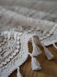 1 pieza Mantel rectangular de Bubaba con patrón ondulado hueco en beige, decoración bohemia con borlas de encaje, mantel a prueba de polvo para comedor, cocina, dormitorio, sala de estar, fiestas al aire libre, apto para todas las estaciones - Beis - Ver 9