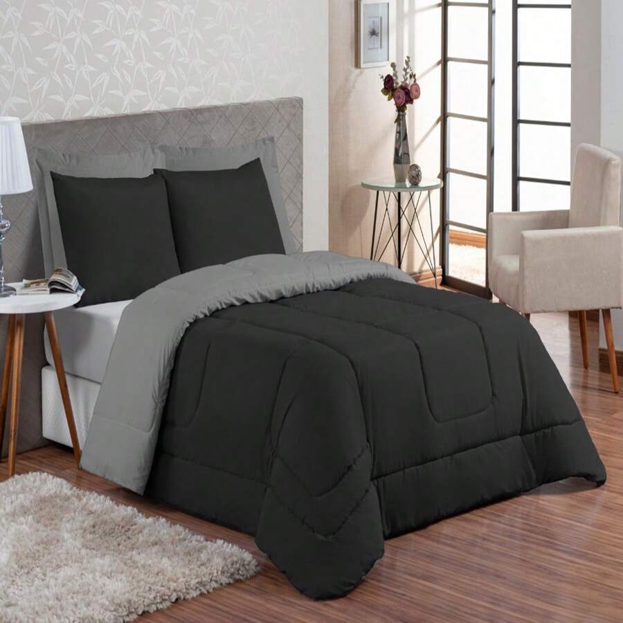 3-Piece Daisy Double-Sided Queen Comforter Kit - Black - View 1