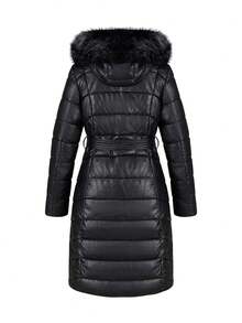 女士极简风连帽羽绒服，带口袋和毛领，适合秋冬季穿着 - 黑色 - 查看 2