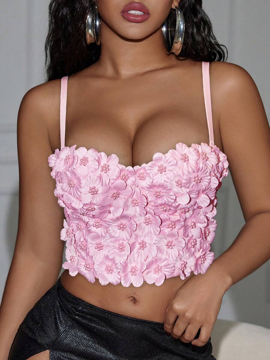 Yuwenier Sexy 3D Flower Detailed Pearl Beaded Overbust Corset Top Adjustable Straps Open Back Shapewear Bustier Crop Cami Top - Pink - View 1