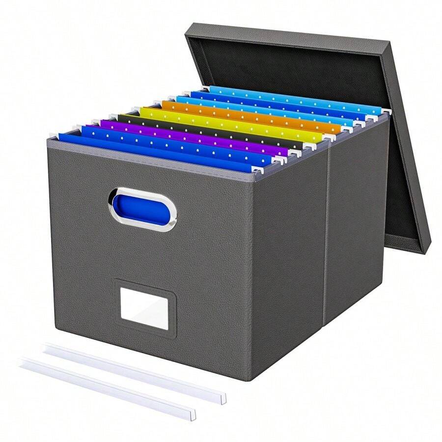 File Organizer Box,Filing Box With Lid,File Box For Letter/Legal File Folder Storage, Portable Hanging File Box For Office/Decor/Home,1 Pack,Black-Box Only - Gray(Leather) - View 1