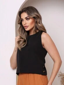 Women's Tank Top With Button And Zipper - 黑色 - 查看 4