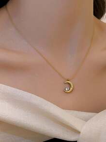 1pc 18K Plated Stainless Steel Oval Pendant Necklace For Women, Fashionable French Style Suitable For Party, Date, Office Wear - Golden-crescent Diamond - View 7