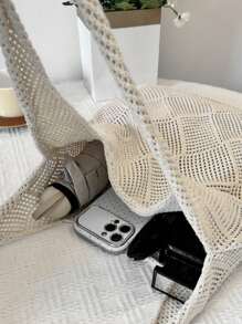 女士镂空针织单肩包，简约钩针手提包，轻便休闲钩针图案包，适合青少年、女性、大学生，完美适用于大学、户外活动、旅行、野餐、度假、海滩、购物等各种场合，最受欢迎的沙滩包 - 白色 - 查看 5