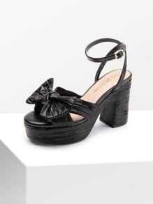 Women Chunky Platform Heeled Sandals, Pleated Bow Knot Ankle Buckle Strap Spring Summer Heeled Sandals, Open Toe Comfortable Y2K Dress Shoes For Prom, Wedding, Party - 黑色 - 查看 4