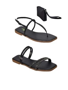 Kit 02 Pairs Women's Flat Sandals Slipper With Back + Wallet Handbag! - 黑色 - 查看 1