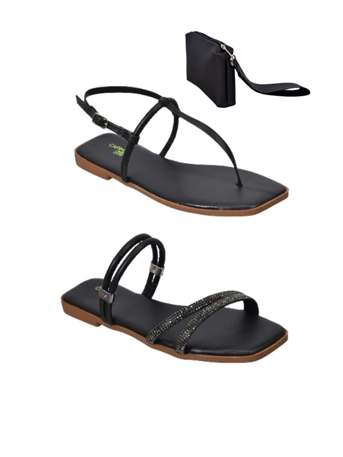 Kit 02 Pairs Women's Flat Sandals Slipper With Back + Wallet Handbag! - 黑色 - 查看 1