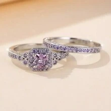 Bộ 2 nhẫn đính hôn dành cho nữ, Nhẫn trang trí bằng hợp kim Cubic Zirconia tông bạc thanh lịch, Quà tặng kỷ niệm sinh nhật tiệc cưới đính hôn - Màu tím - Xem 4
