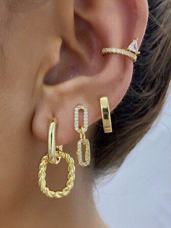 4 件（单侧耳朵）时尚镀金方晶锆石吊坠耳环女士锆石耳夹耳环套装派对珠宝