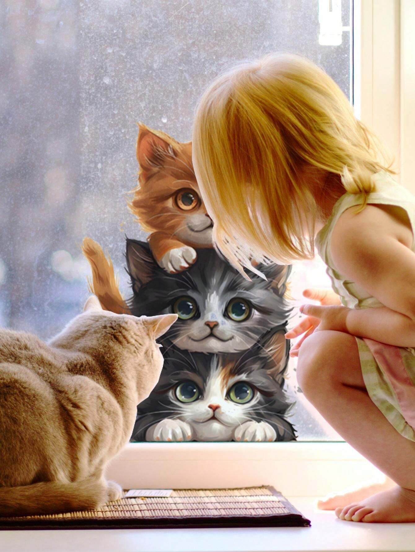 Gray Rabbit And Three Cats Pattern Window Stickers, Waterproof Self