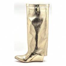 Padlock Detail Fold Over Wedge Knee High Boots - Black Suede - View 11