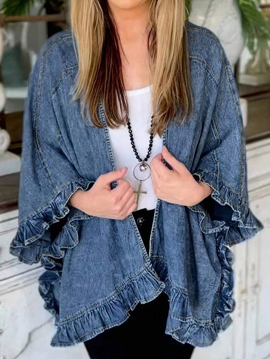 Chicsale Women's Denim Jacket With Ruffled Sleeves | Boho Chic Open Front Lightweight Jacket For Women | Fall & Spring Distressed Casual Jacket - Medium Wash - View 1