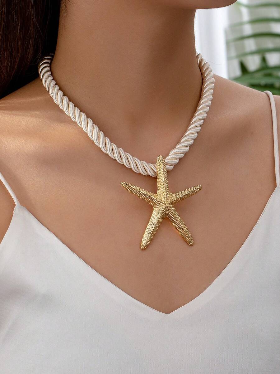 1 pieza Collar de cuerda con estrella de mar dorada, estilo de vacaciones de verano - Multicolor - Ver 1