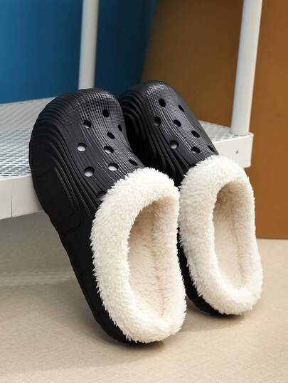 Men's Winter Thermal Lined Hole Slippers, Black Warm House Slippers, Soft And Comfortable