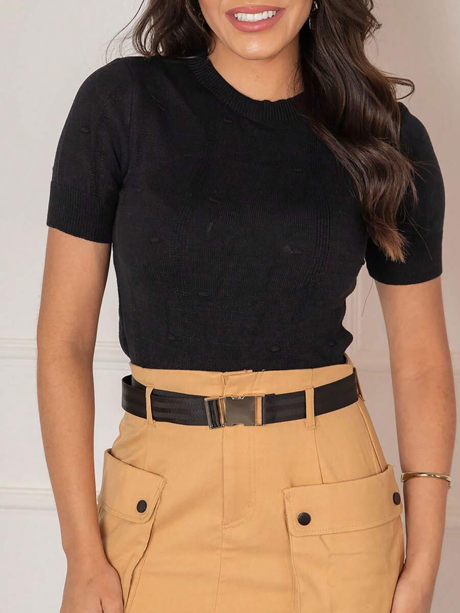 Summer Popcorn Modal Knitted Short Sleeve Blouse - 黑色 - 查看 1