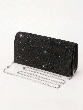 Bolso de mano de sobre con purpurina, bolso de noche para mujer, bolso de mano de día, bolso de mano diario, bolso de mano para boda y fiesta, bolso bandolera con cadena metálica brillante, plata y negro