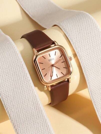 XSVO 1 件女士优雅时尚条形刻度表盘皮革表带石英手表，适合日常搭配、生日、送给她的礼物、周年纪念、年终促销、光棍节、万圣节促销，无礼盒