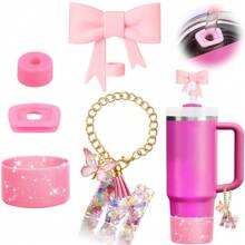 Set de 5 accesorios para tazas de 30oz y 40oz, decoraciones con iniciales para tumblers, que incluye tapa y funda de silicona para pajita, tapa a prueba de derrames, y dije para asa