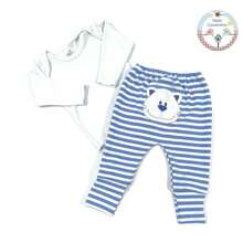 Long Sleeve Bodysuit And Reversible Footed Romper Set In Embroidered Cotton Suede For Babies - 寶藍色 - 查看 1
