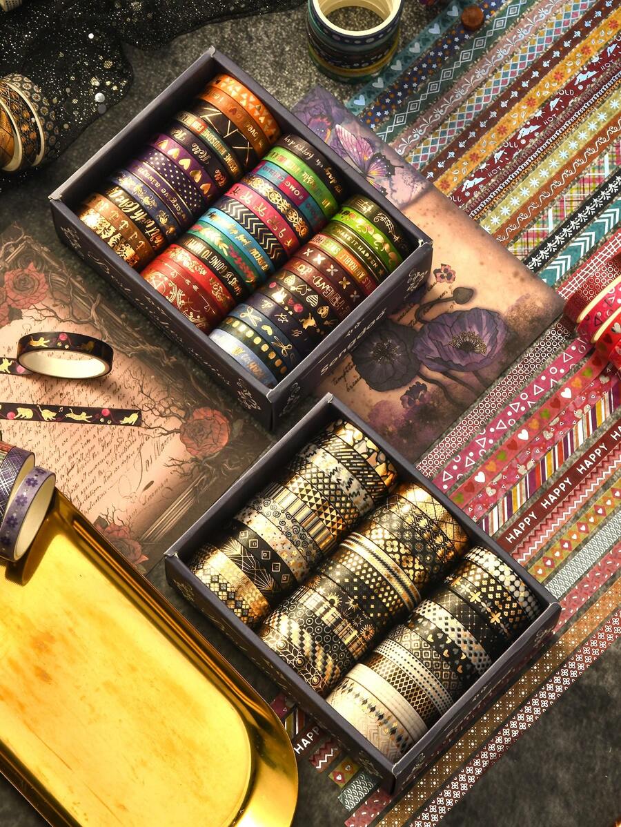 36 卷/盒,几何条纹图案和纸胶带套装 - 精致的烫金和银色工艺,创意细条胶带卷,日记装饰材料,剪贴簿和工艺品,适用于独特的礼品包装和派对装饰 - 彩色 - 查看 1