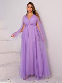 Cape Sleeve Braided Long Dress - 紫丁香色 - 查看 2