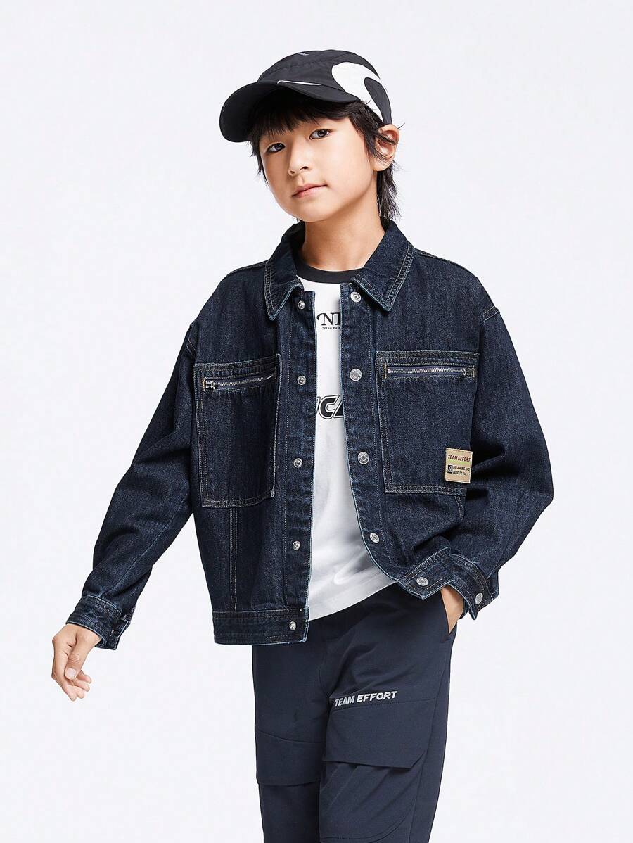 Annil Tween Boys Collar Denim Jacket, Spring And Autumn Casual Top, Fashion , Cool, Handsome And Versatile - Blue - View 1