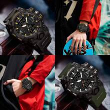 SANDA 男士手表数字石英双时区军用运动腕表顶级品牌奢华多功能闹钟日期星期秒表功能 TPU 表带防水电子男钟礼物