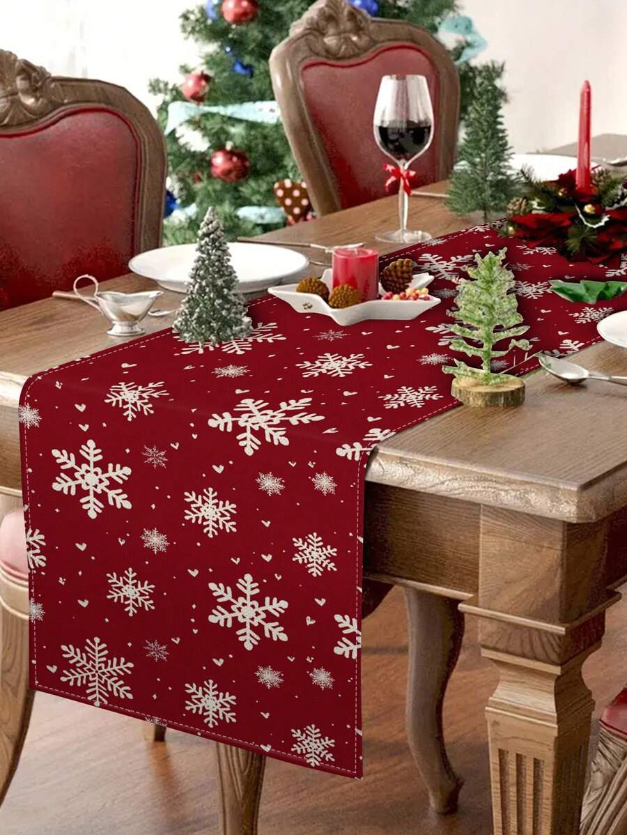 1pc Red Christmas Floral Pattern Table Runner, Christmas Decorative Table Runner, Home Decor Indoor And Outdoor Party Supplies, Room Decoration, Suitable For Christmas Family Kitchen Decoration And Christmas Event Party Decoration