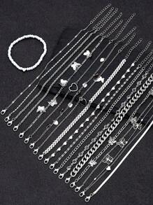 7-19 Pcs Set Fashion Minimalist Shell Seed Bead Cross Heart Butterfly Snake Bone Anklet For Women, Birthday, Holiday, Party, Beach, Daily Wear - Silver - View 5