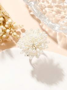 1 件时尚手工珠子和人造珍珠花戒指情人节、妈妈、母亲、母亲节、礼物 - 白色 - 查看 2