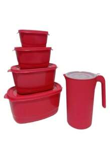 kit potes ovais com tampa vermelho 4 potes e 1 jarra