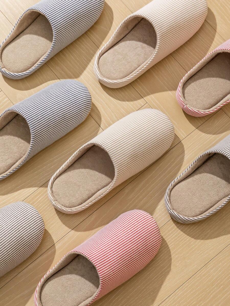 条纹软底静音家用拖鞋，透气舒适平底鞋，轻便室内地板拖鞋男女通用，适合所有季节 - 咖啡棕 - 查看 1