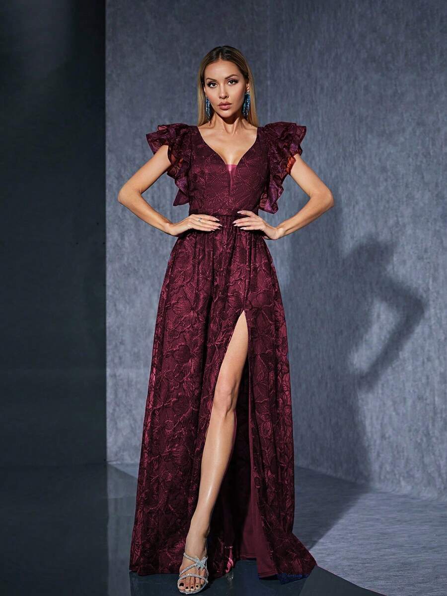 Váy dạ hội sang trọng cổ chữ V thêu ren xếp nếp tay ngắn xẻ tà, váy phù dâu - Đỏ - Xem 1