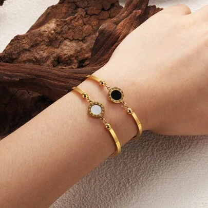 1 件不锈钢金色罗马风格天然白色和黑色贝壳手链，经典时尚设计