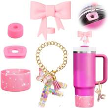 Set de 5 accesorios para tazas de 30oz y 40oz, decoraciones con iniciales para tumblers, que incluye tapa y funda de silicona para pajita, tapa a prueba de derrames, y dije para asa