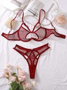 Woman's Fishnet Hollow Sexy Lingerie Set With Bra And Thong - Burgundy - View 7