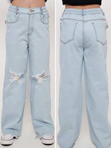 Kit 2 Girls Wide Leg Jeans For Children And Youth - 中等水洗藍 - 查看 4