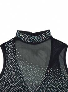 Sexy Sparkling Rhinestone See-Through Mesh Splicing Fishtail Slimming Sleeveless Long Dresses Festival - Black - View 8