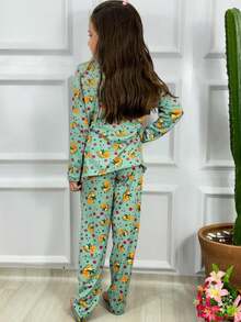 Girls' Winter Long Sleeve Suede Printed Pajamas - 綠色 - 查看 3