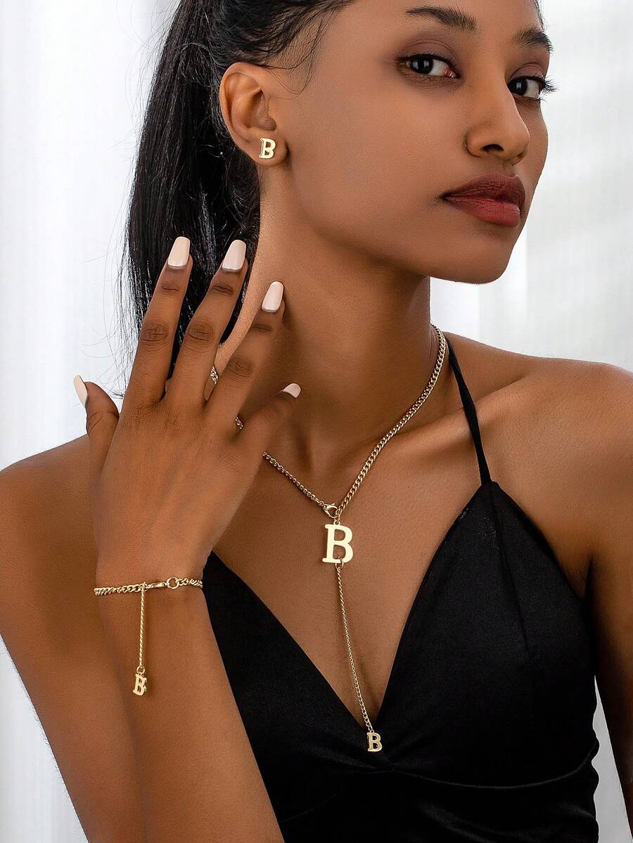 1 Bộ Thời Trang Phổ Biến 2024 Mới 26 Chữ Cái Tiếng Anh Vòng Tay Hoa Tai Mặt Dây Chuyền Vuông Tối Giản, Thiết Kế Tinh Tế Cho Phụ Nữ Mặc Hàng Ngày - Vàng - Xem 1