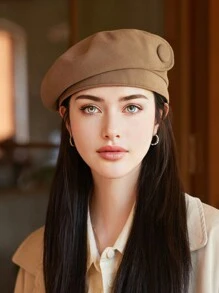 1pc Women Autumn Beret Hat, Simple Solid Color, Button Decoration, Versatile, Leisure Beanie, Retro Artist Cap, Elegant, Warm Halloween - Multicolor - View 7