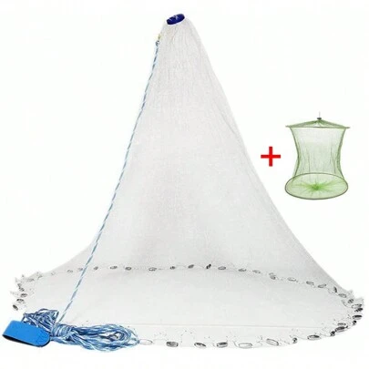 Handmade American Saltwater Fishing Cast Net With Heavy Duty Real Zinc Sinker Weights For Bait Trap Fish 3FT/4FT/5FT/6FT/7FT/8FT/9FT/10FT Radius 3/8 Inch Mesh Size, With Gift Shrimp Net