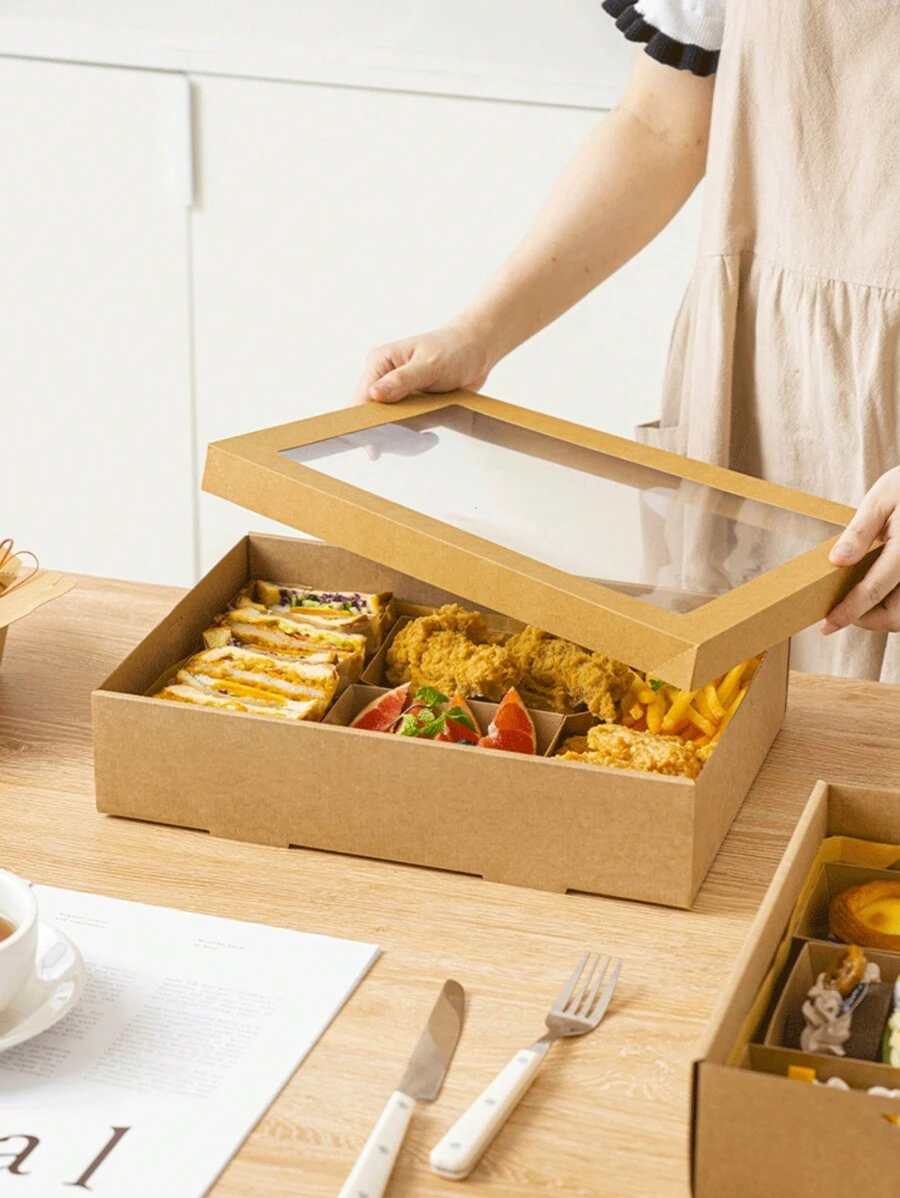 1/2/3pcs Rectangular Kraft Paper Boxes With Lids And Clear Windows, Multipurpose For Storing And Packaging Cakes, Fried Chicken, Pizza, Sandwiches, Fruits, Suitable For Picnics, Camping, Outdoor Activities, Parties, Birthdays, Pizza Shops, Fried Chicken Shops, Etc. - Brown - View 1