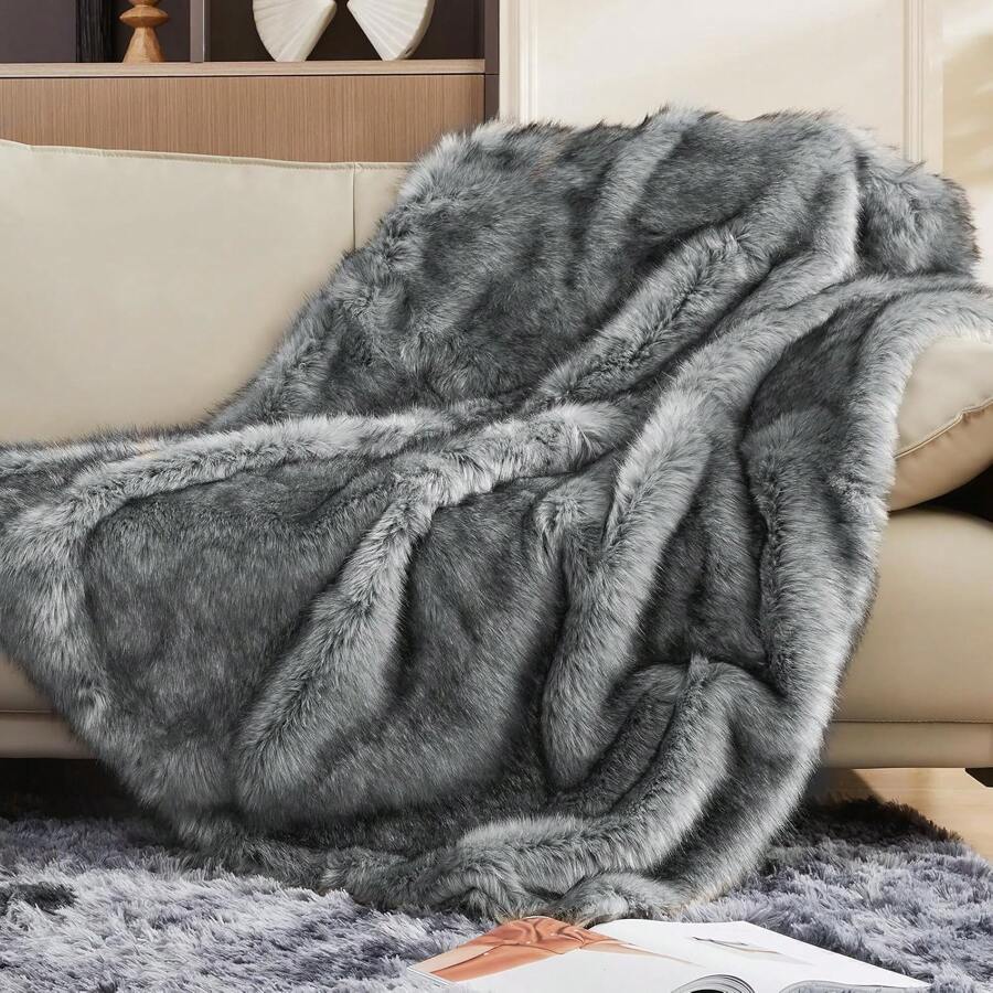 Touchat Luxury 1000GSM Faux Fur Throw Blanket, Super Heavy Thick Warm Cozy Blankets For Couch Bed Sofa, Plush Fuzzy Elegant Soft Reversible Mink Blanket For Living Room Bedroom, 50''x60'' - 灰黑色 - 查看 1