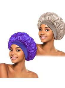 1pc Women Protect Your Hair While You Sleep: Reusable Satin Jumbo Black Bonnet With Wide Elastic Band Silk Bonnet Satin Bonnet Hair Sleep Cap - Multicolor - View 7